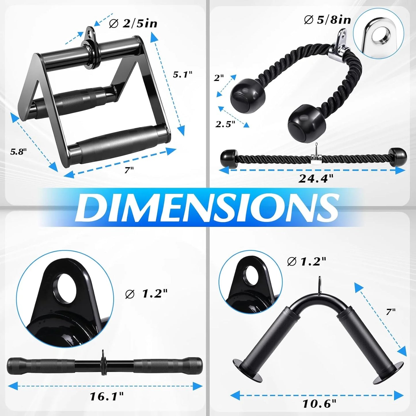 10-In-1 Cable Machine Attachments Set for Gym - Includes Tricep Rope, V-Bar, Straight Bar, D-Handle, Ankle/Wrist Straps, Storage Bag - Compatible with LAT Pulldown & Home Gym Cable Machines