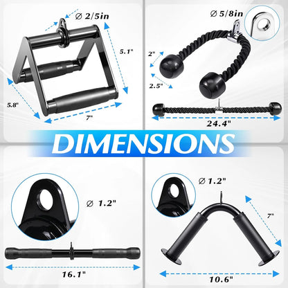 10-In-1 Cable Machine Attachments Set for Gym - Includes Tricep Rope, V-Bar, Straight Bar, D-Handle, Ankle/Wrist Straps, Storage Bag - Compatible with LAT Pulldown & Home Gym Cable Machines